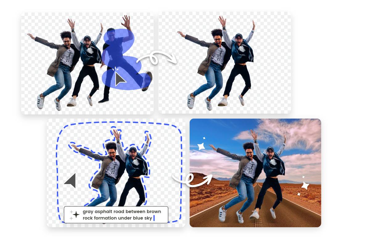 Adjust background removal result freely and generate new AI background for people jumping on the road